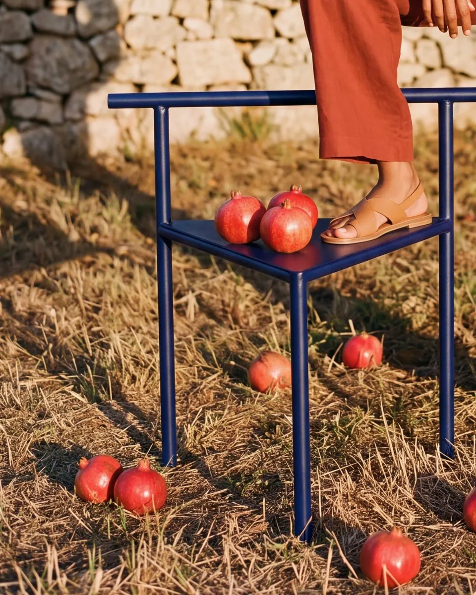Interior brand feed post: navy chair with pomegranates in a field