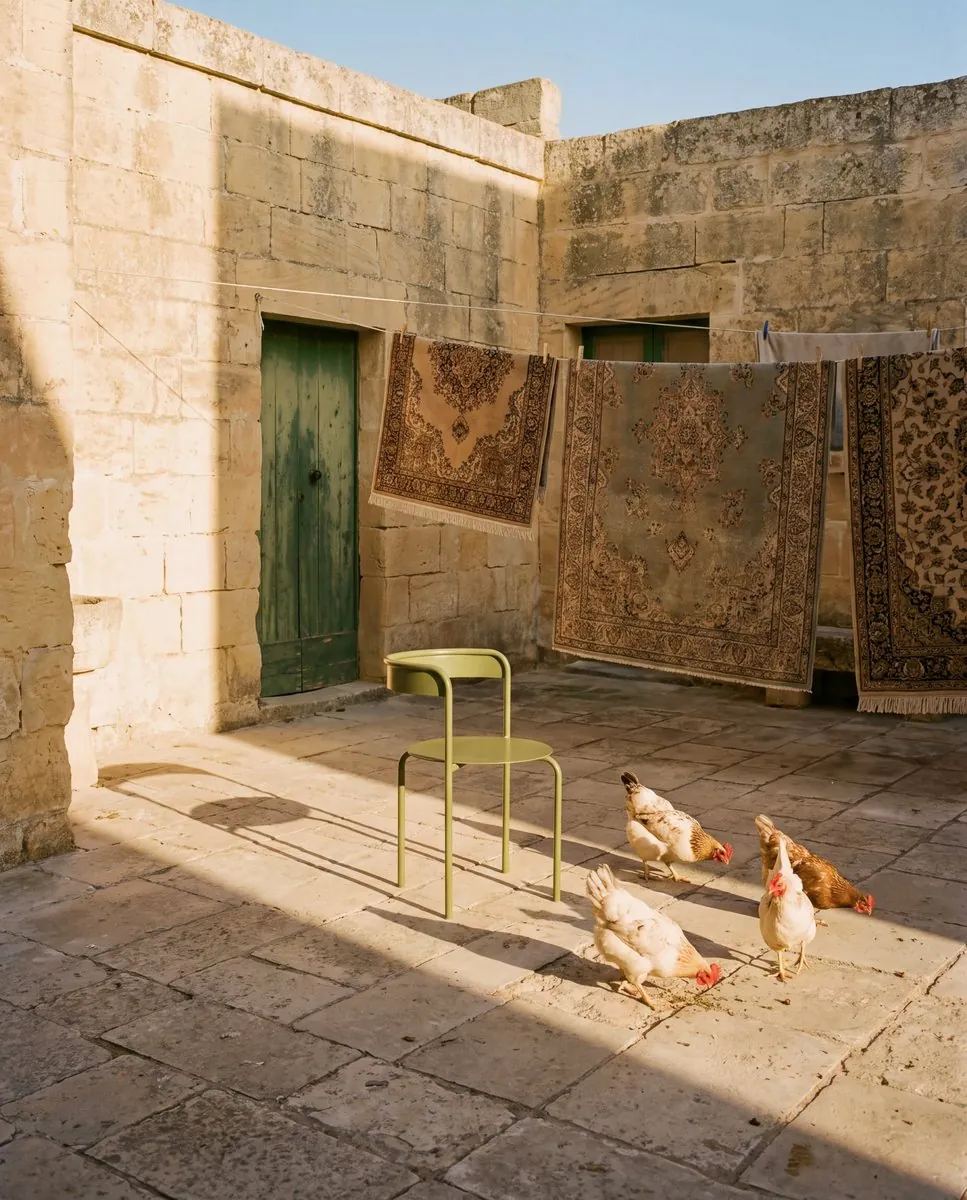 Interior brand feed post: sage chair in a stone courtyard with hanging rugs and chickens