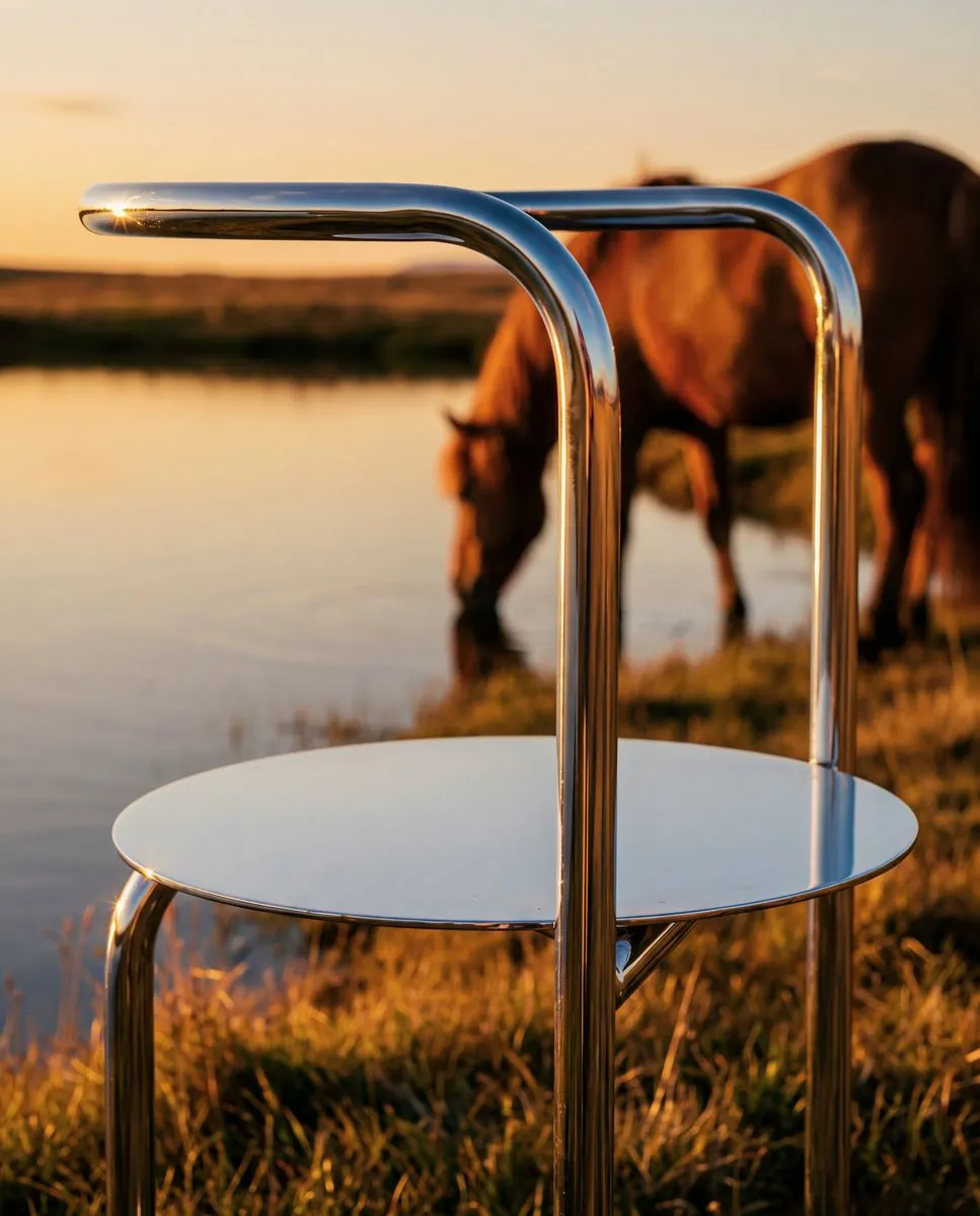 SPAN Instagram ad creative: chrome chair by the water at sunset with a horse