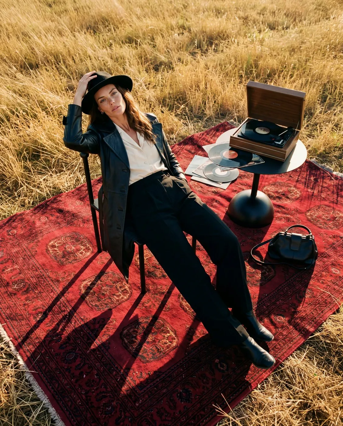 Lifestyle product visual: model seated on a chair on a red carpet in a field